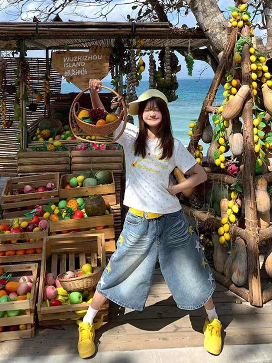 아메리칸 레트로 별 프린트 데님 7부 바지 여름 얇은 스타일 바지 루즈핏 워싱 넓은 다리가 짧다. 바지 상세 이미지 9