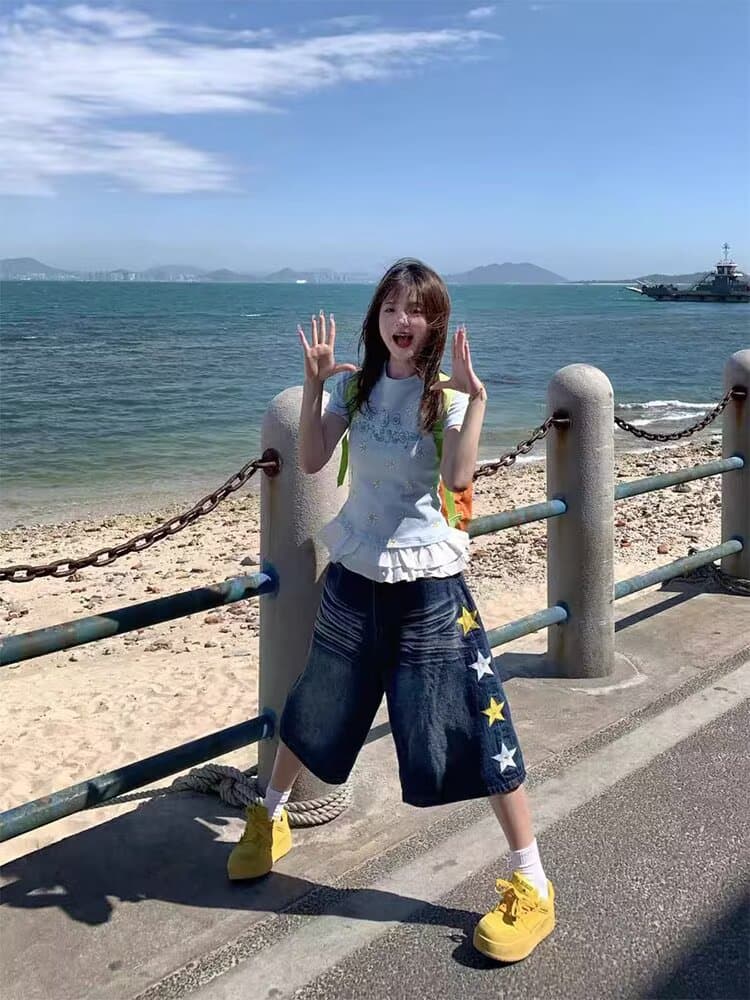 아메리칸 레트로 별 프린트 데님 7부 바지 여름 얇은 스타일 바지 루즈핏 워싱 넓은 다리가 짧다. 바지 상세 이미지 24