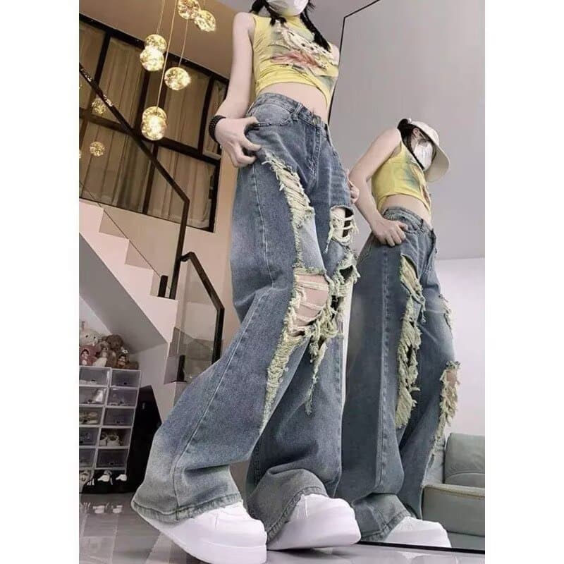 레트로 찢어진 부분 디자인 넓은 다리 청바지 여성 여름 한국 스타일 ins 하이웨이스트 슬림해 보이는 루즈핏 도루 센스 스트레이트 긴 바지 상세 이미지 2