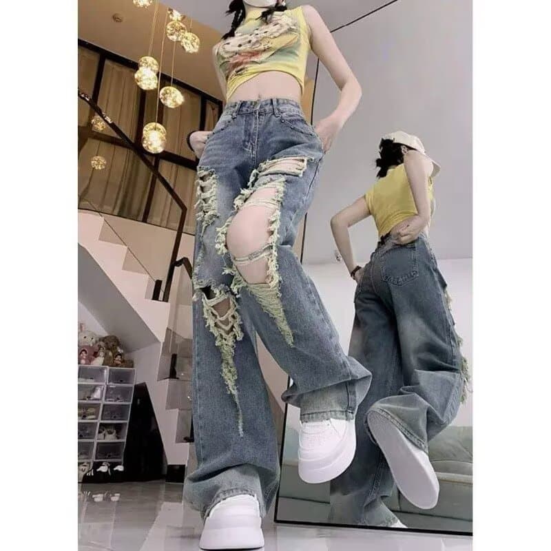 레트로 찢어진 부분 디자인 넓은 다리 청바지 여성 여름 한국 스타일 ins 하이웨이스트 슬림해 보이는 루즈핏 도루 센스 스트레이트 긴 바지 상세 이미지 5