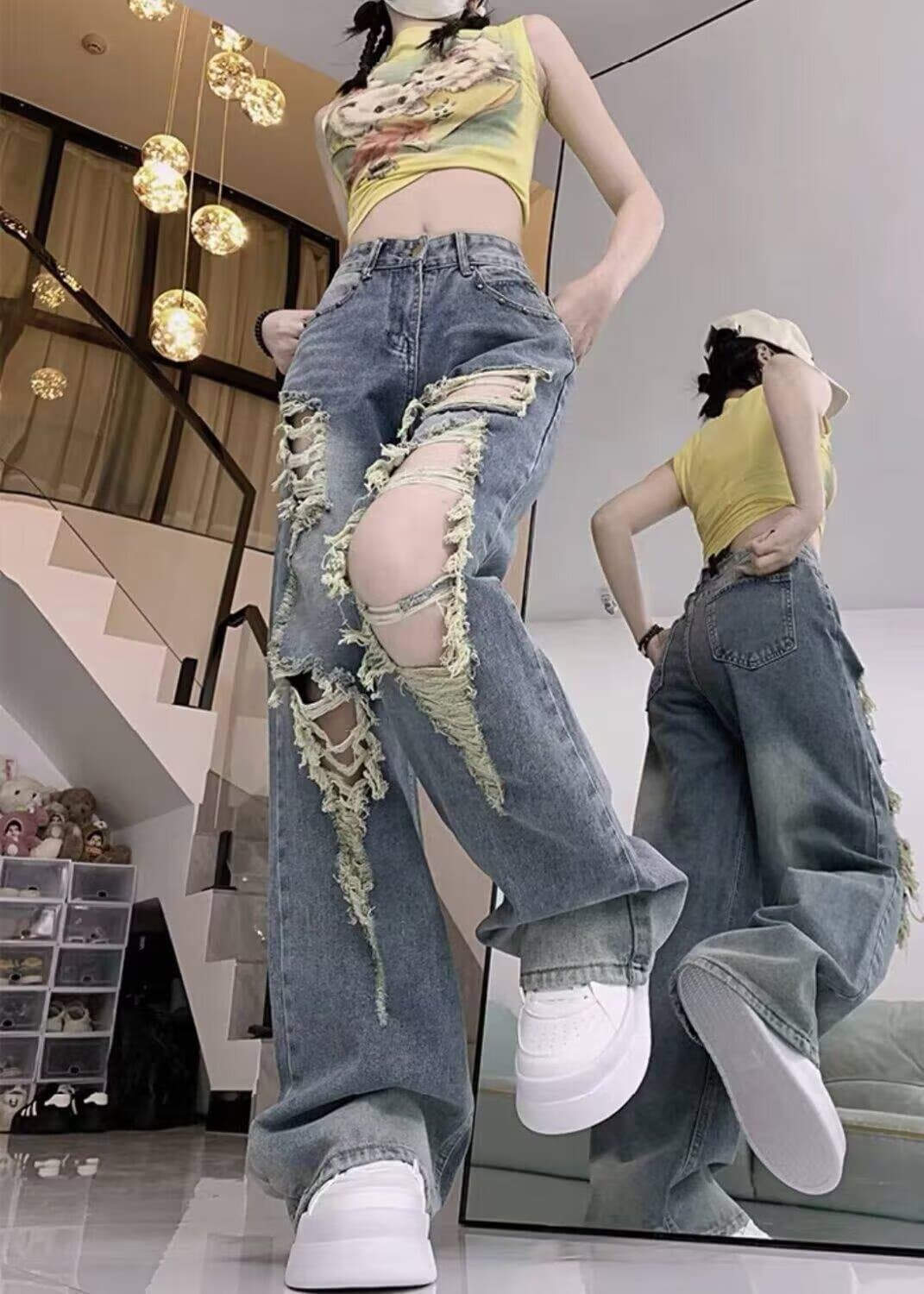 레트로 찢어진 부분 디자인 넓은 다리 청바지 여성 여름 한국 스타일 ins 하이웨이스트 슬림해 보이는 루즈핏 도루 센스 스트레이트 긴 바지 상세 이미지 11
