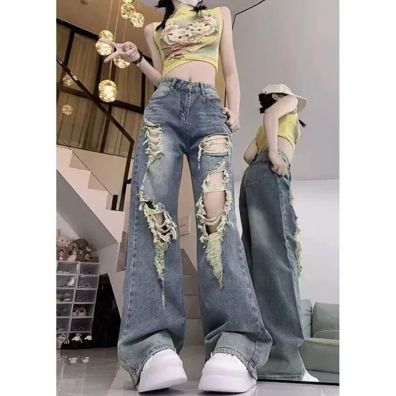 레트로 찢어진 부분 디자인 넓은 다리 청바지 여성 여름 한국 스타일 ins 하이웨이스트 슬림해 보이는 루즈핏 도루 센스 스트레이트 긴 바지 상세 이미지 14