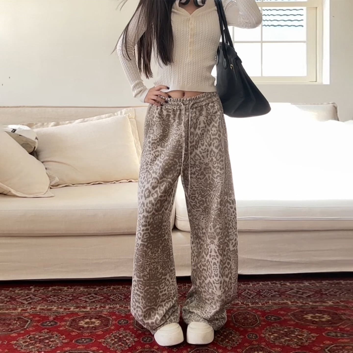 아메리칸 레트로 허리밴드 레오파드 무늬 캐주얼 바지 남녀 가을 새로운 루즈핏 다용도 도루 센스 바닥 청소 와이드 레그 팬츠 어린이 상세 이미지 7