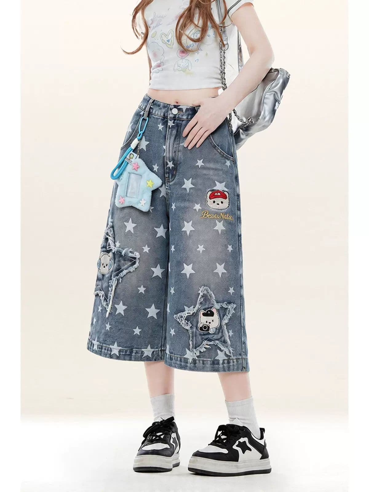 별 전체 인쇄 자수 7 점 청바지 여성 봄 여름 새로운 아메리칸 레트로 패션 슬림해 보이는 스트레이트 7부 바지 상세 이미지 2