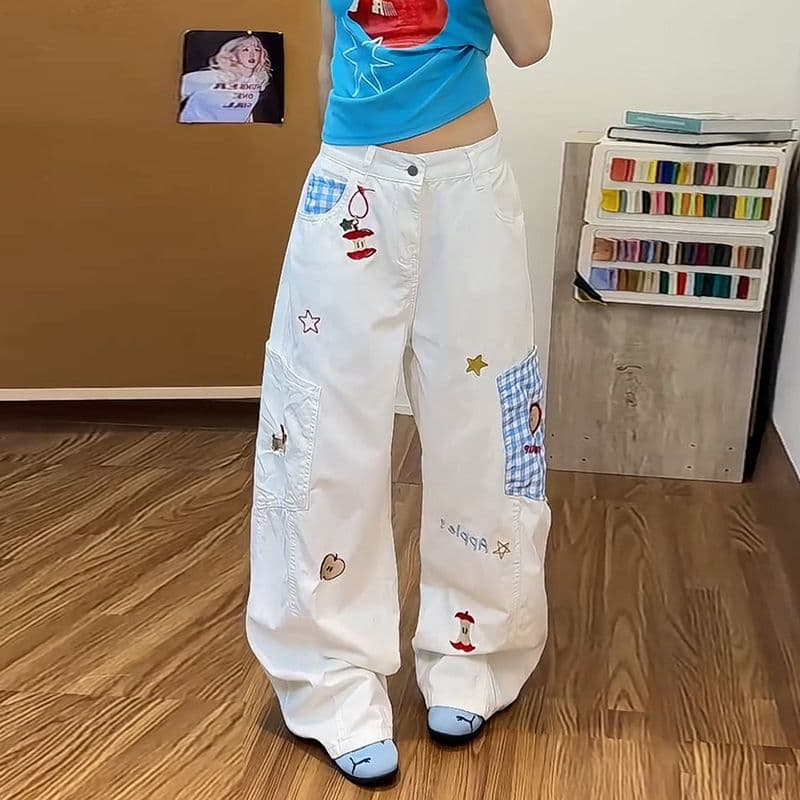 트렌드 하라주쿠 스타일 만화 자수 청바지 여성 봄 가을 새로운 체크무늬 패치워크 빅 포켓 다용도 스트레이트 팬츠