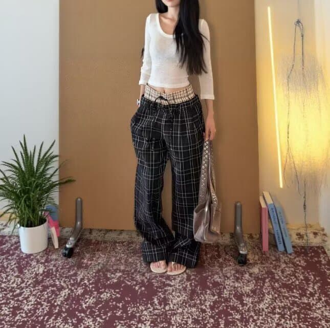빅 사이즈 지방 mm 아메리칸 레트로 체크무늬 바지 여성 루즈핏 와이드 레그 팬츠 가을 느긋한 바람 캐주얼 바지 도루 센스 바닥 청소 바지 상세 이미지 5