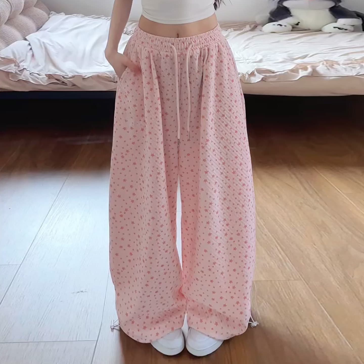 아메리칸 별 전체 인쇄 도트 무늬 와이드 레깅스 바지 루즈핏 슬림해 보이는 다용도 느긋한 느슨함 센스 춤추기 모통이 칼 캐주얼 바지 이미지 4