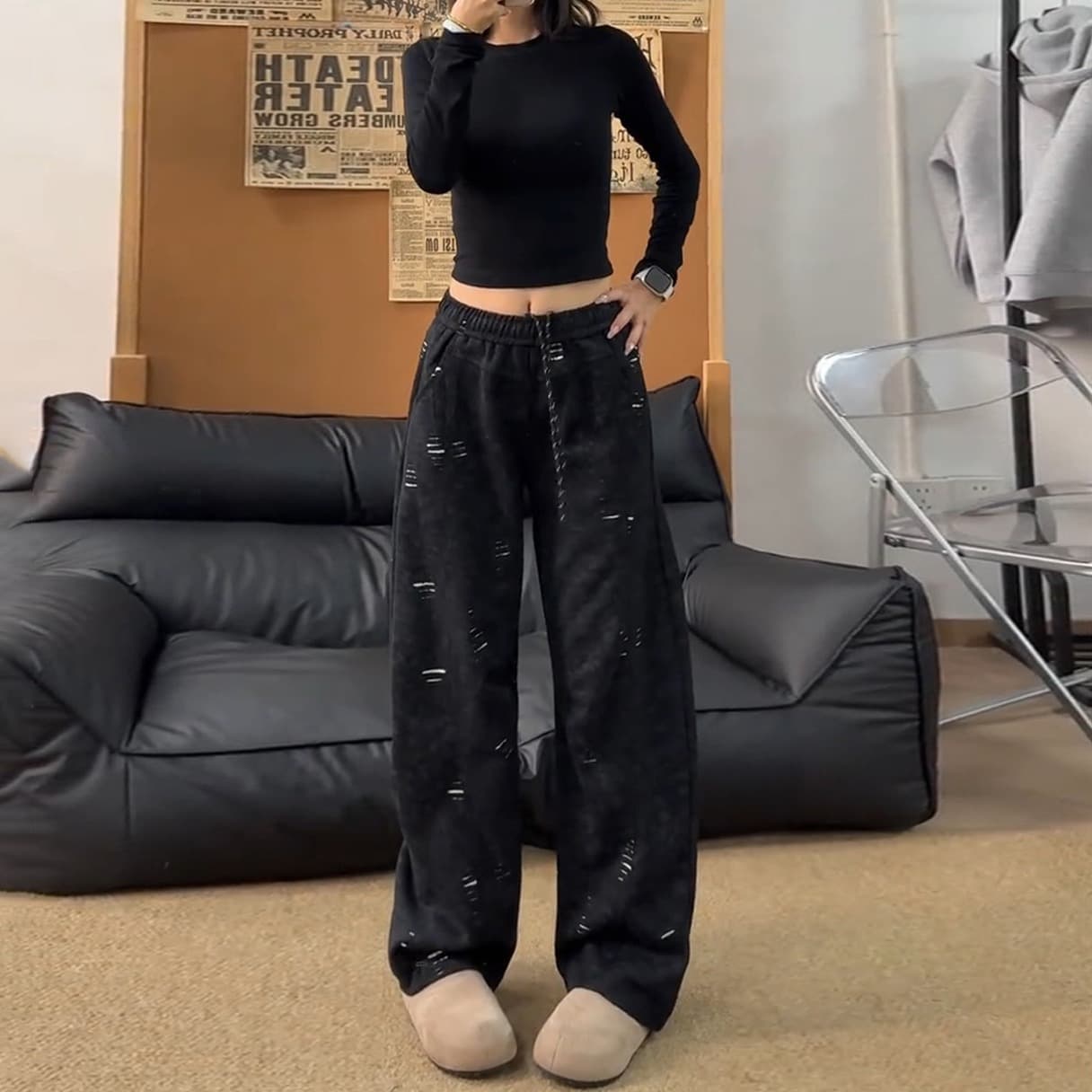 아메리칸 도루 센스 찢어진 부분 캐주얼 바지 여자 봄 가을 얇은 스타일 다용도 트렌드 웨이 바지 운동 스트레이트 와이드 레그 팬츠 어린이 상세 이미지 3
