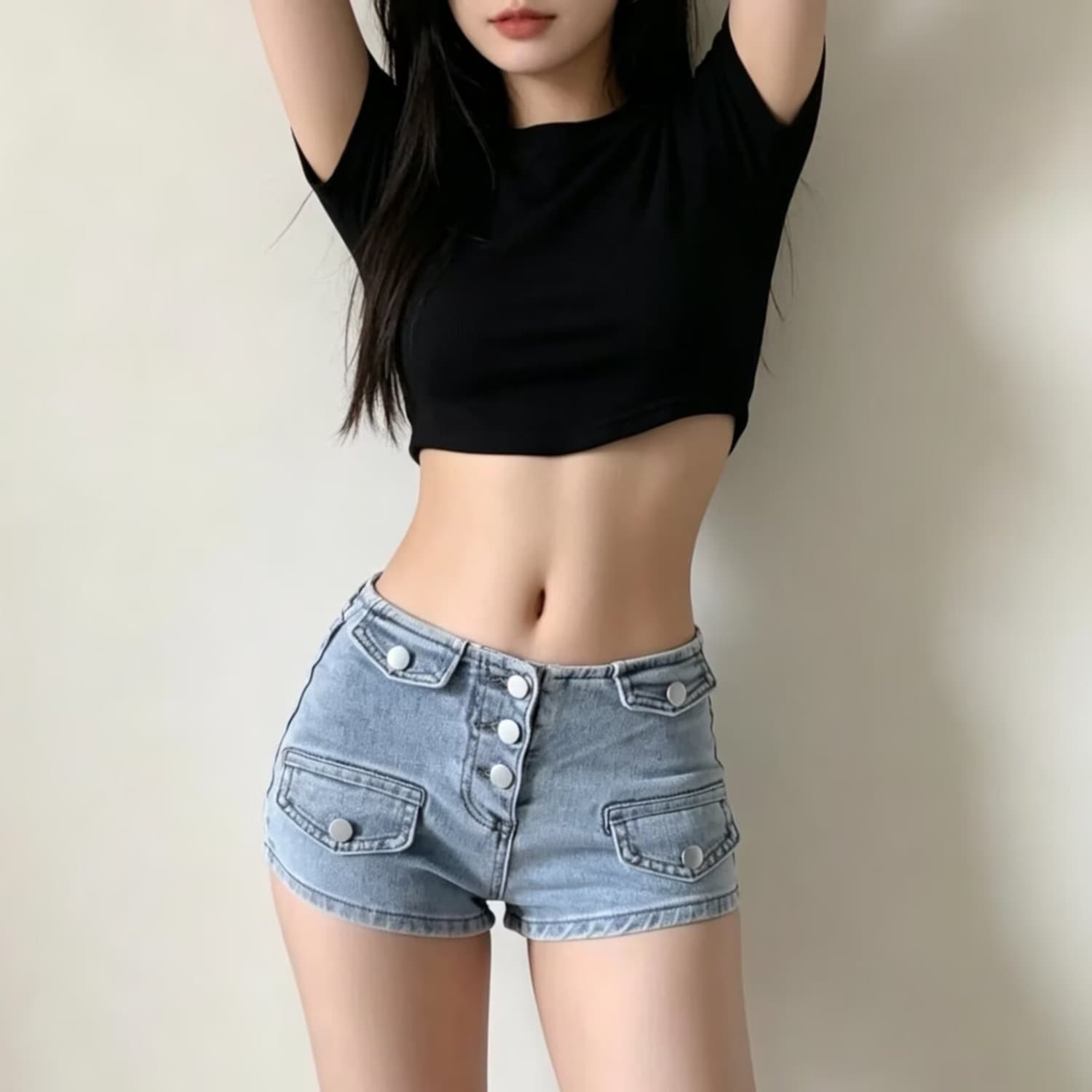 밝은색 워크웨어 데님 반바지 여성 여름 핫 바지 작은 키 섹시함 로우 웨이스트 슬림해 보이는 신축성 스트레이트 와이드 레그 팬츠 어린이 이미지 4