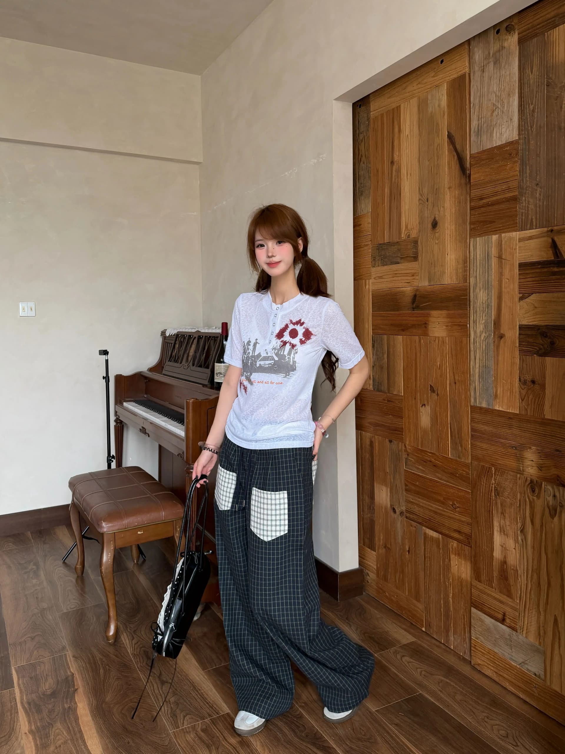 레트로 캐주얼 패치워크 배색 체크무늬 바지 남녀 여름 캐주얼 다용도 넓은 다리 스트레이트 긴 바지 상세 이미지 11