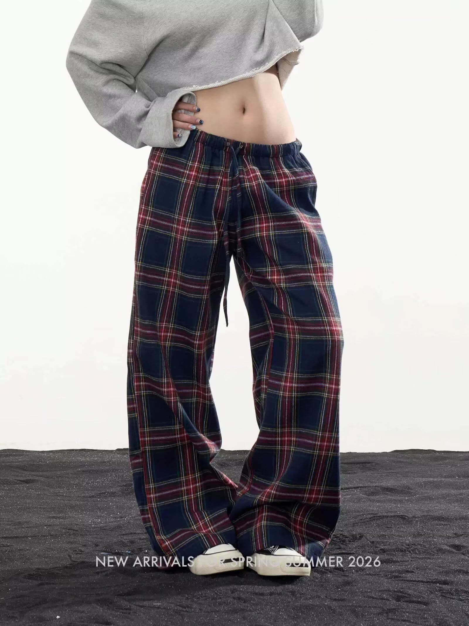 아메리칸 레트로 체크무늬 바지 남녀 루즈핏 와이드 레그 팬츠 여름 느긋한 바람 캐주얼 바지 도루 센스 바닥 청소 바지 상세 이미지 4