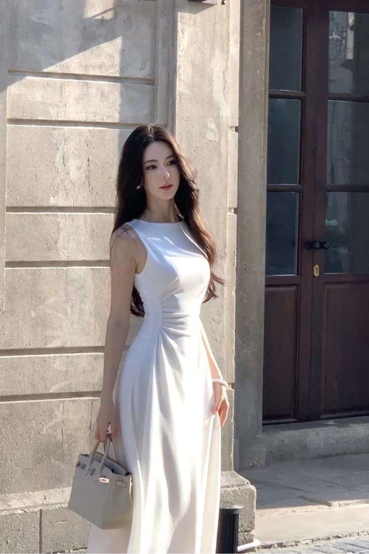 프랑스식 품격 미니멀리즘 높음 지혜 센스 화이트 드레스 관대 한 점잖은 디자인 센스 허리 수축 한 마디 롱 스커트 여름 섹션 상세 이미지 3