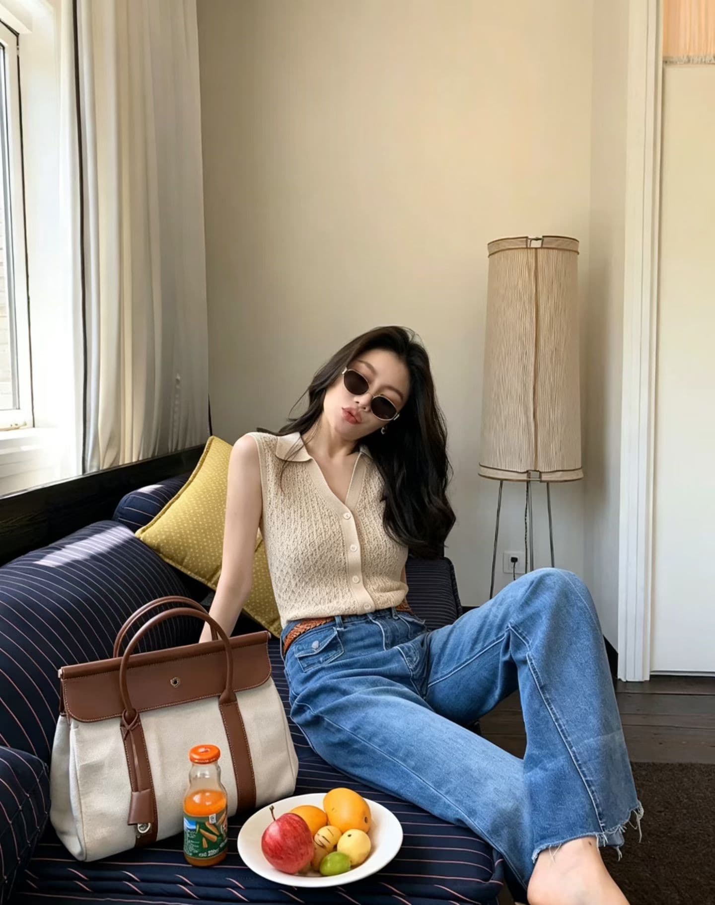고급 센스 홀로우 아웃 화이트 폴로 칼라 민소매 POLO 셔츠 짜임 자카드 조끼 니트 스웨터 여성 이미지 4