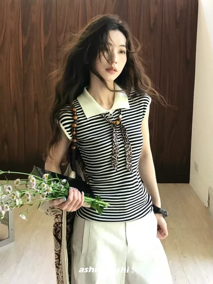 보다 큼 시 일상 tips POLO 칼라 레오파드 무늬 리본 라이 경기 서울 니트 조끼 여성 미니멀리즘 몸매 가꾸기 맨위 상세 이미지 1