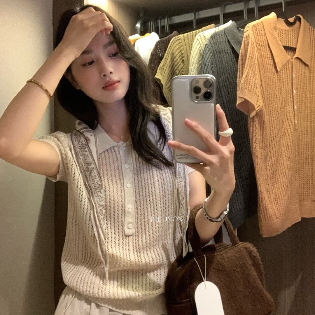 the lemon 열세 개 여성 의류 여름 한 부서 높음 지혜 오래된 돈 POLO 칼라 구덩이 기사 반팔 니트 스웨터 맨위 상세 이미지 5