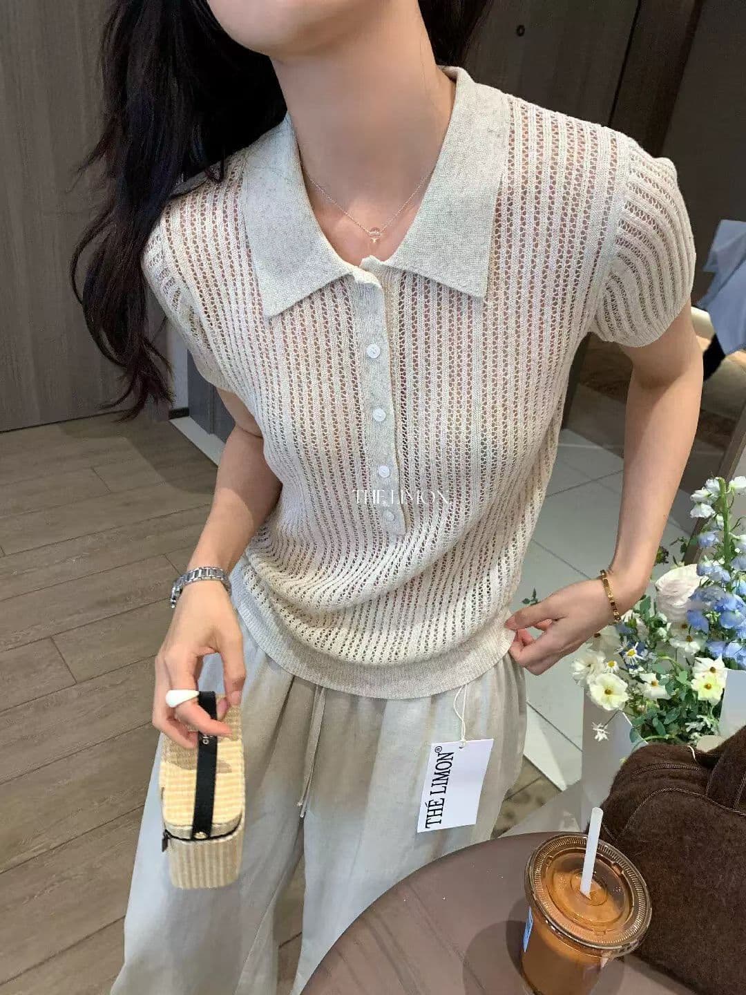 the lemon 열세 개 여성 의류 여름 한 부서 높음 지혜 오래된 돈 POLO 칼라 구덩이 기사 반팔 니트 스웨터 맨위 상세 이미지 7