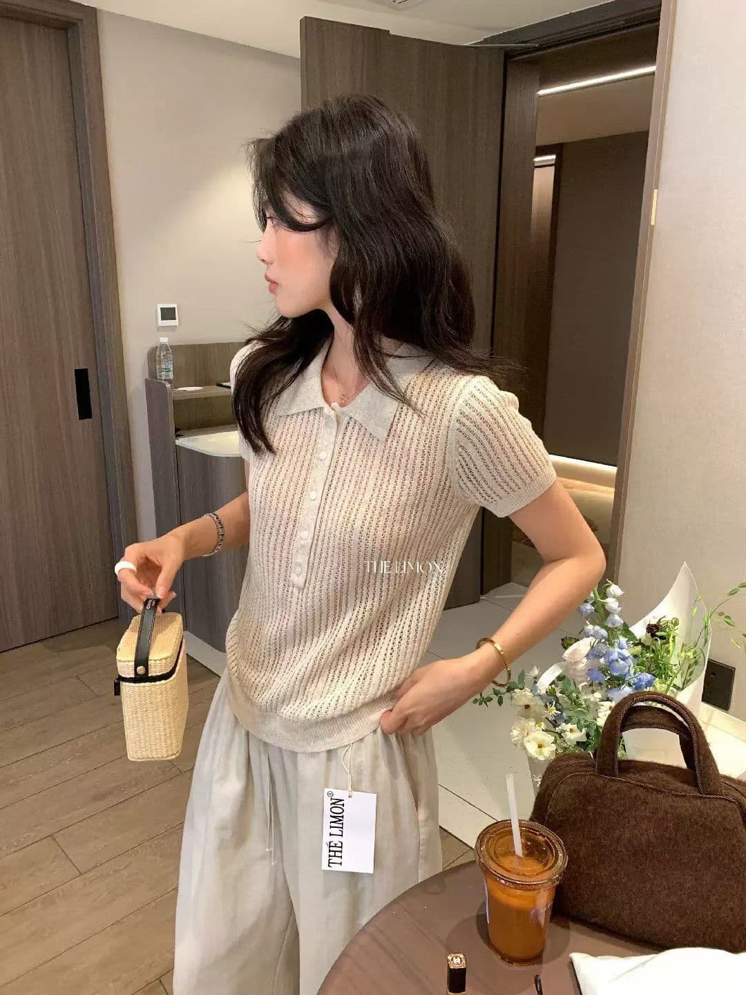 the lemon 열세 개 여성 의류 여름 한 부서 높음 지혜 오래된 돈 POLO 칼라 구덩이 기사 반팔 니트 스웨터 맨위 상세 이미지 8