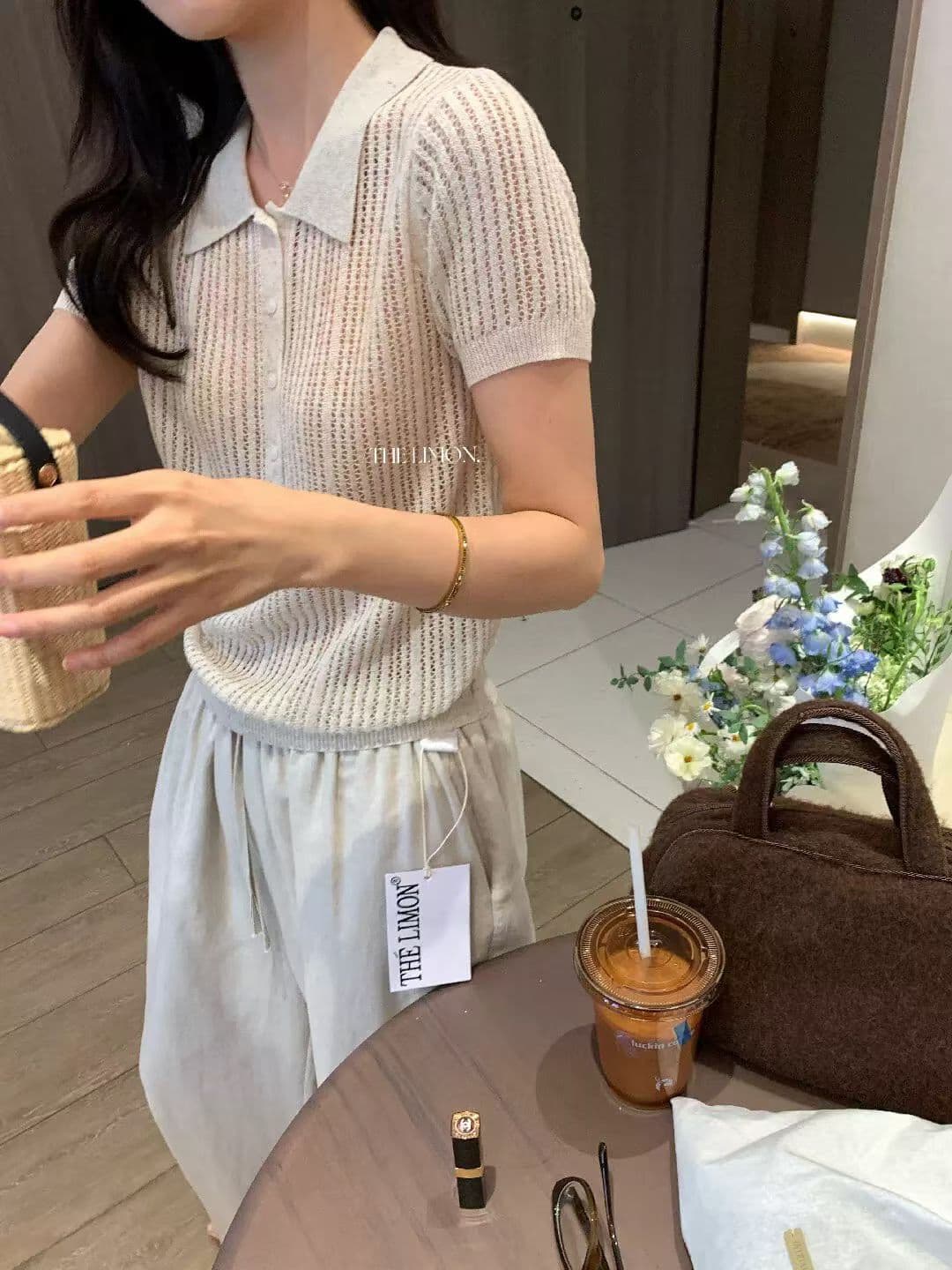 the lemon 열세 개 여성 의류 여름 한 부서 높음 지혜 오래된 돈 POLO 칼라 구덩이 기사 반팔 니트 스웨터 맨위 상세 이미지 12