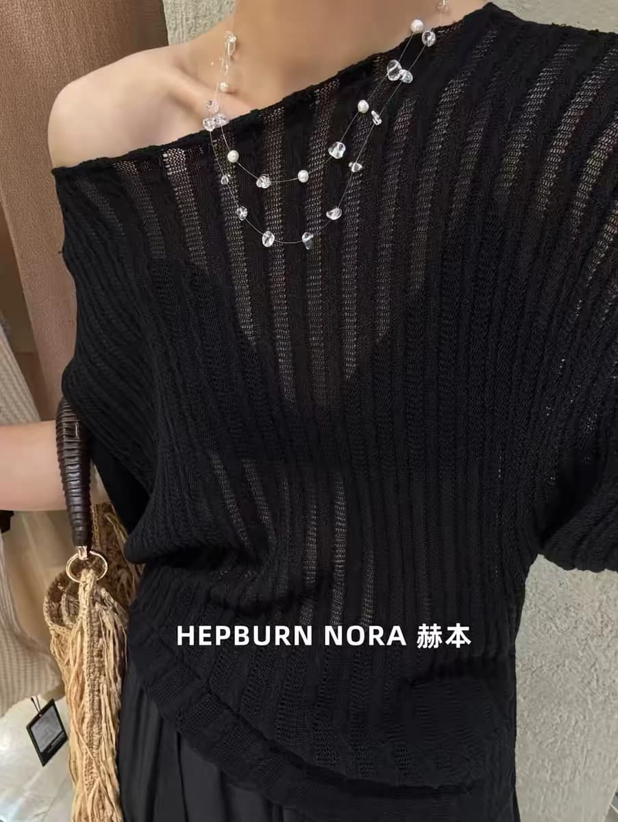 hepburn 그는 벤 홀로우 아웃 마이크로 ~을 통해 니트 스웨터 여성 여름 느긋한 다용도 질감 센스 수직 구덩이 기사 반팔 맨위 이미지 3