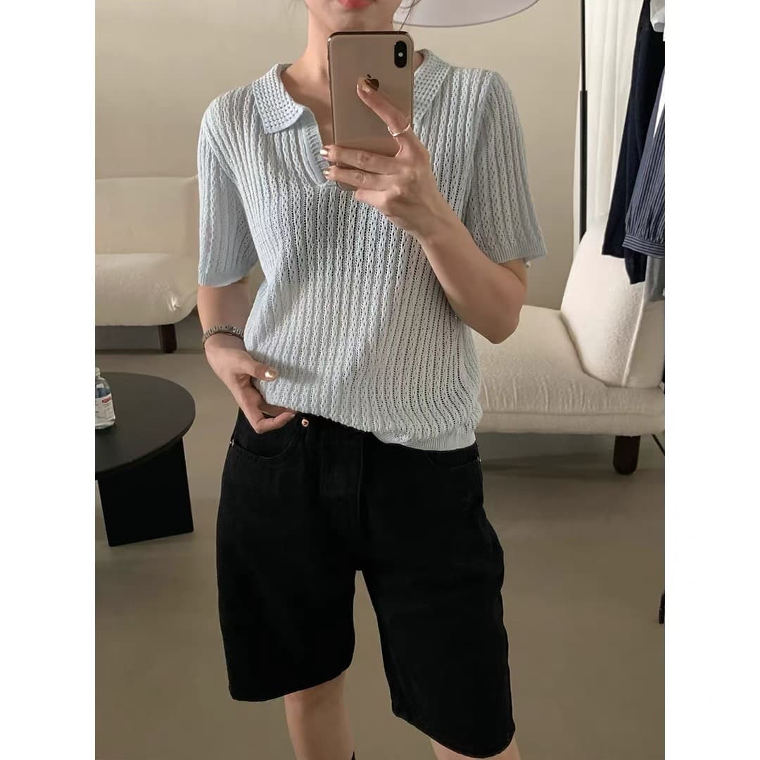 프랑스식 V넥 반팔 니트 스웨터 여성 2026 년 여름 루즈핏 슬림해 보이는 다용도 통기성 POLO 칼라 맨위 상세 이미지 1