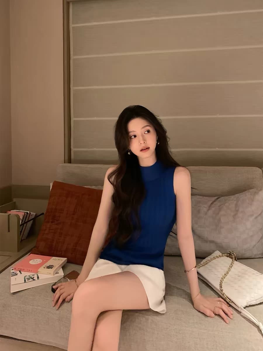 품격 질감 센스 아세트산 주간 실크 양모 반하이넥 민소매 니트 맨위 여성 여름 새로운 상세 이미지 7