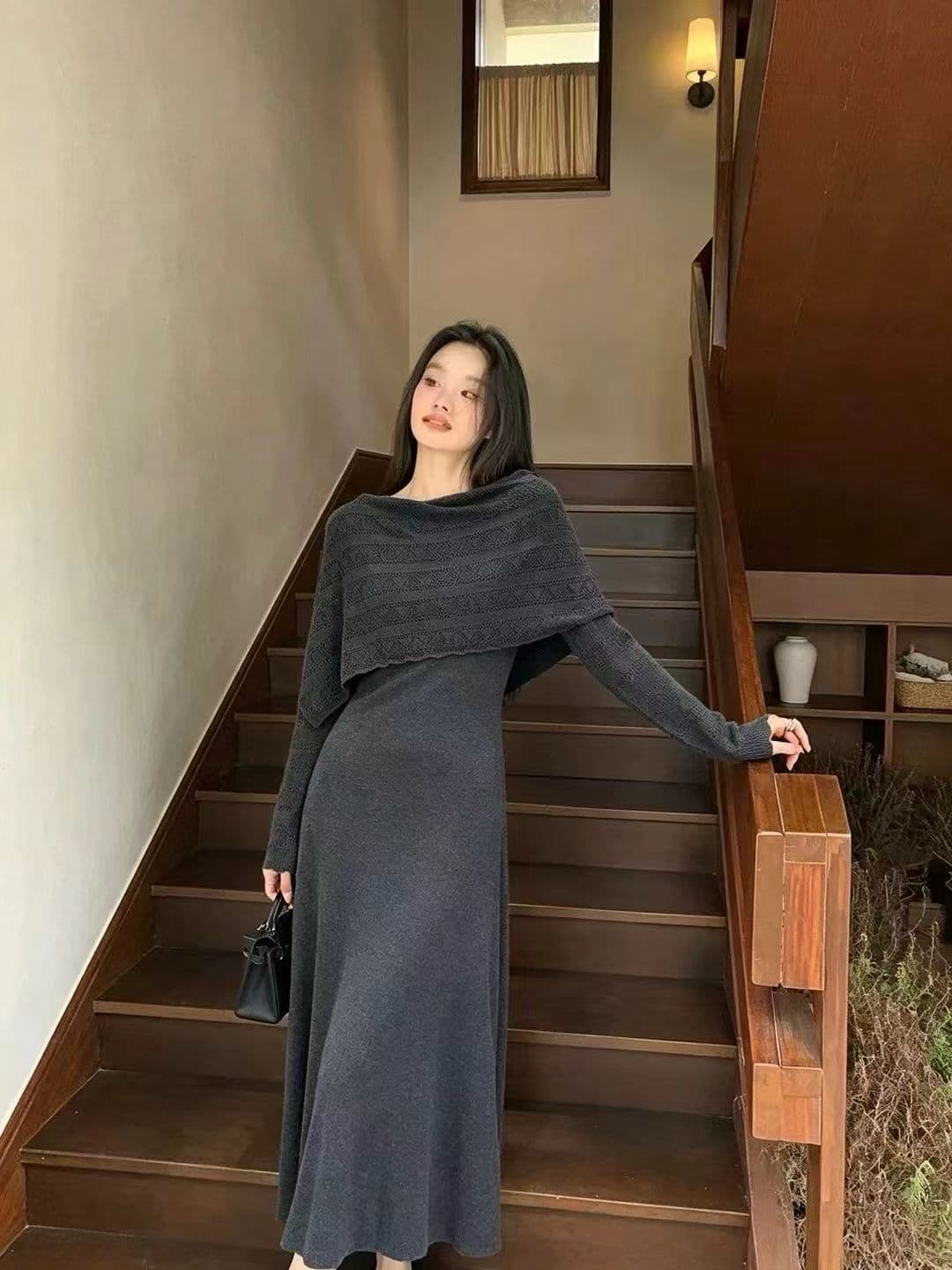 2026 새로운 폭발 부드러운 바람 품격 홀로우 아웃 니트 숄 드레스 투피스 슈트