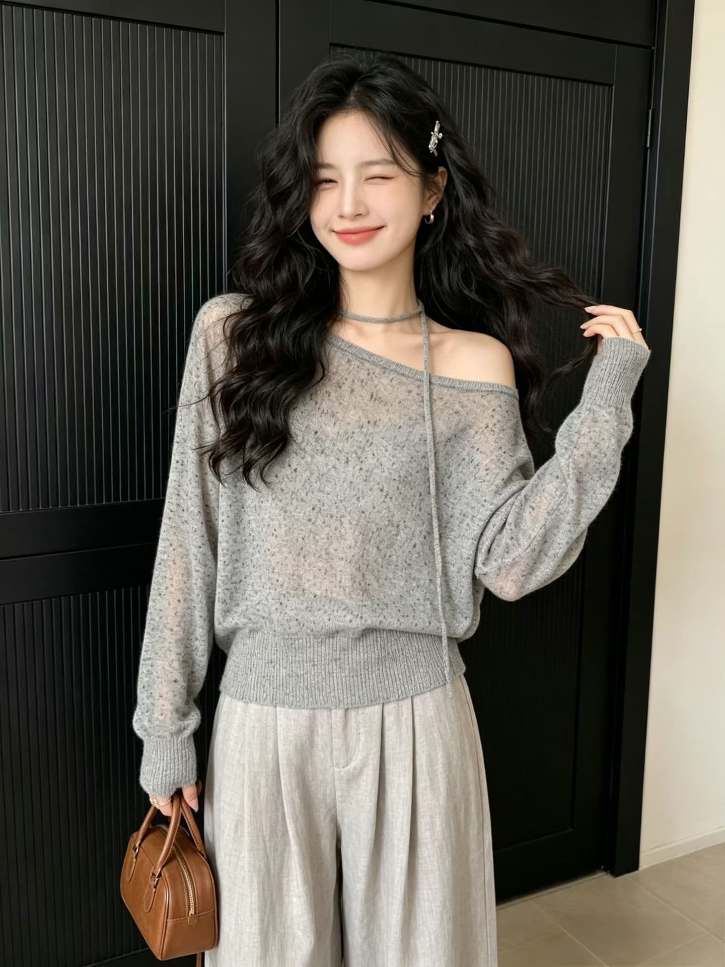 2026 조기 가을 새로운 한 스타일 색상 실 느긋한 바람 리본 긴팔 니트 스웨터 맨위 여성 jx 상세 이미지 5
