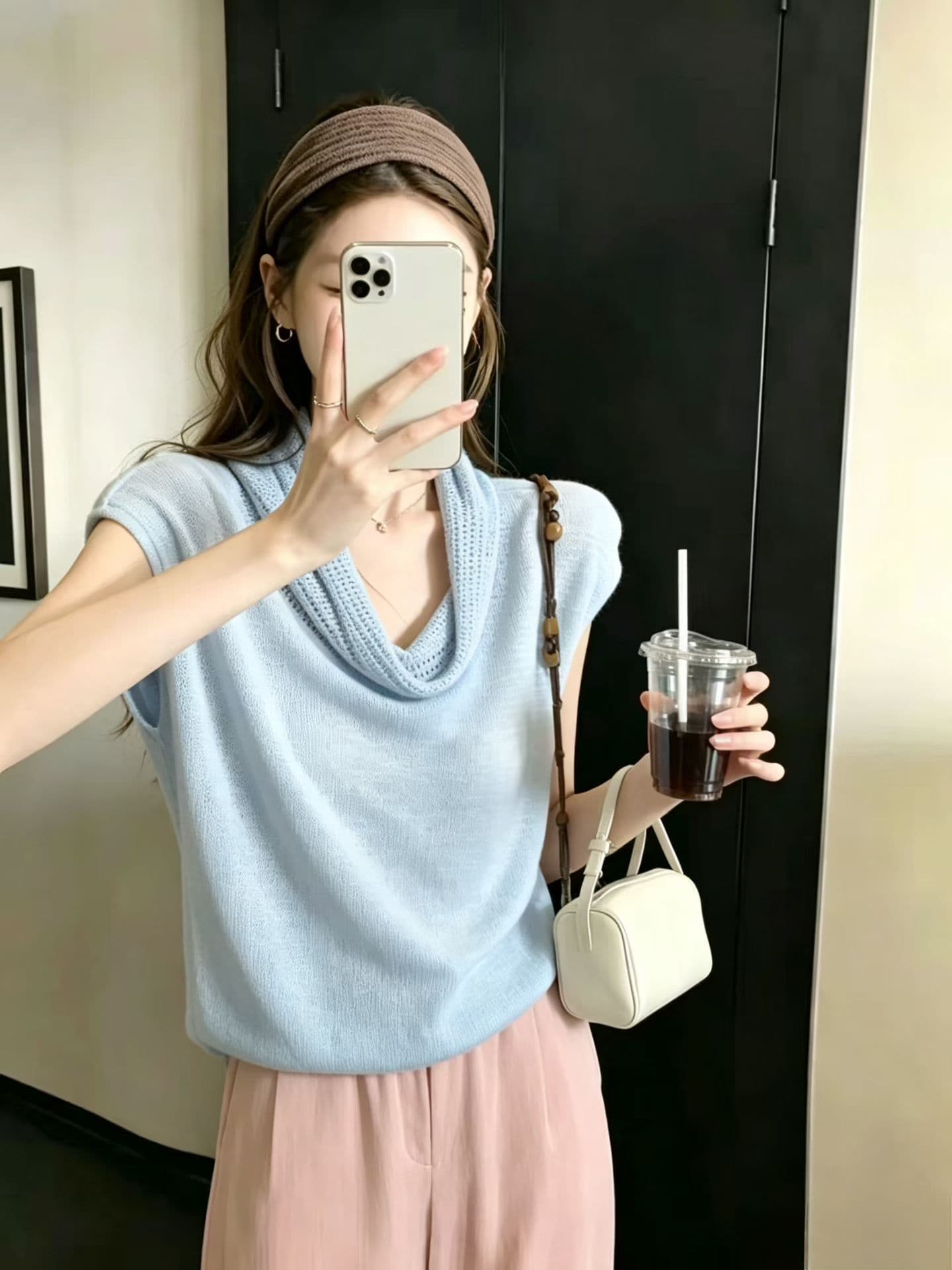 이른 가을 새로운 품격 말뚝 더미 흔들다 칼라 민소매 니트 스웨터 여자 품격 몸매 가꾸기 슬림해 보이는 기본 셔츠 맨위 jx 상세 이미지 6