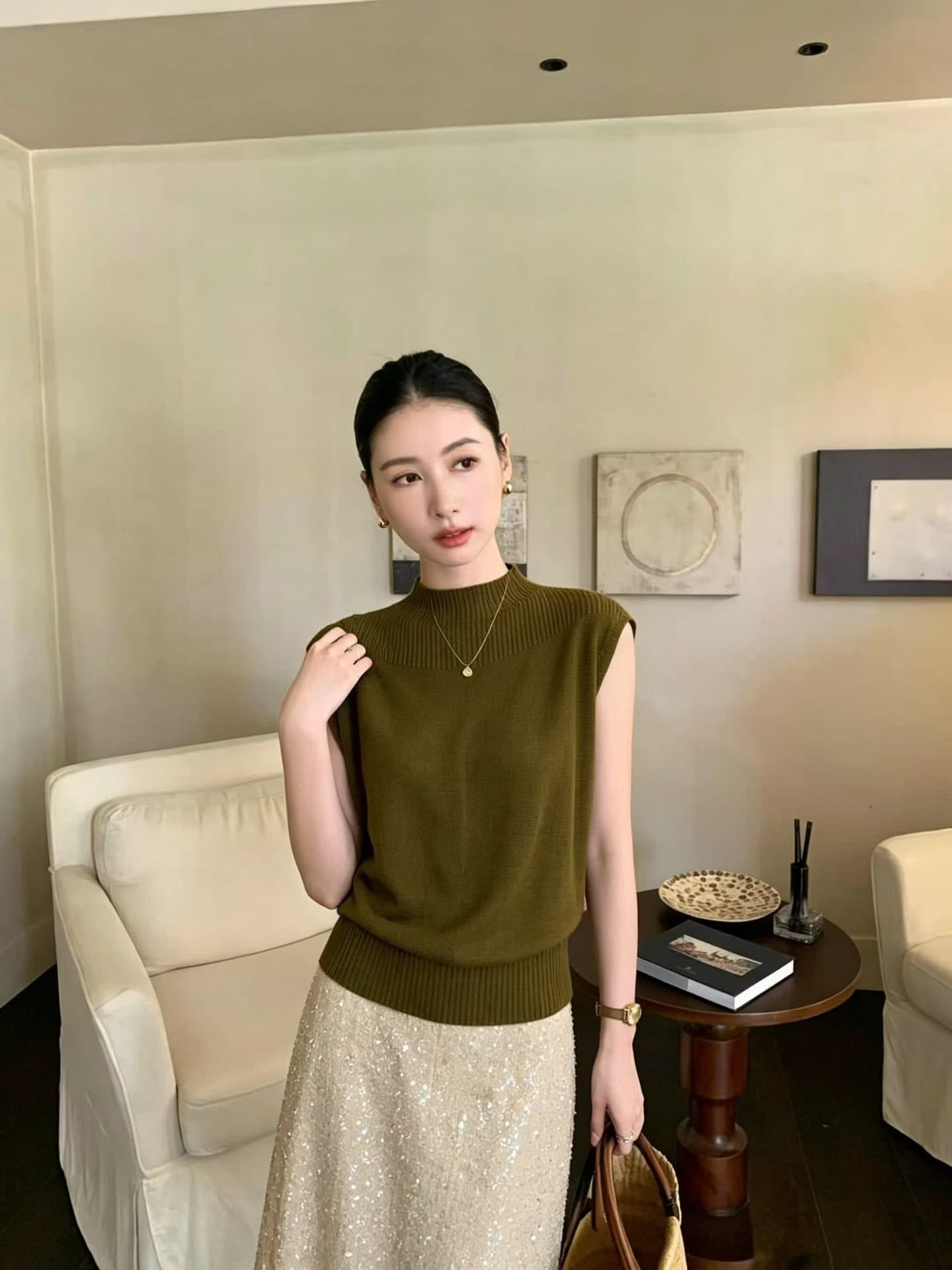프랑스식 복잡한 고대 돈 바람 앤디 플러시 반하이넥 니트 스웨터 반팔 여성 가을 새로운 작은 날다 소매 맨위 jx