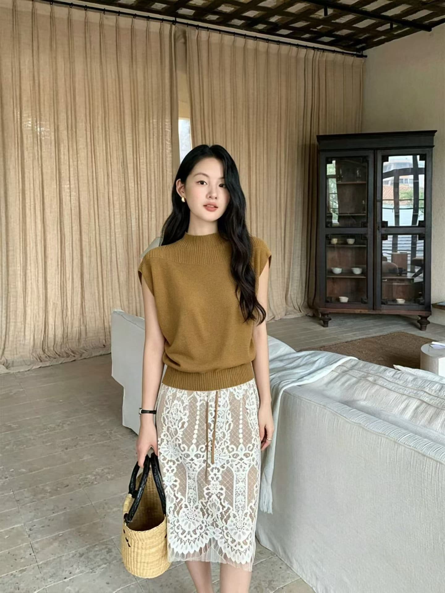 프랑스식 복잡한 고대 돈 바람 앤디 플러시 반하이넥 니트 스웨터 반팔 여성 가을 새로운 작은 날다 소매 맨위 jx 상세 이미지 1