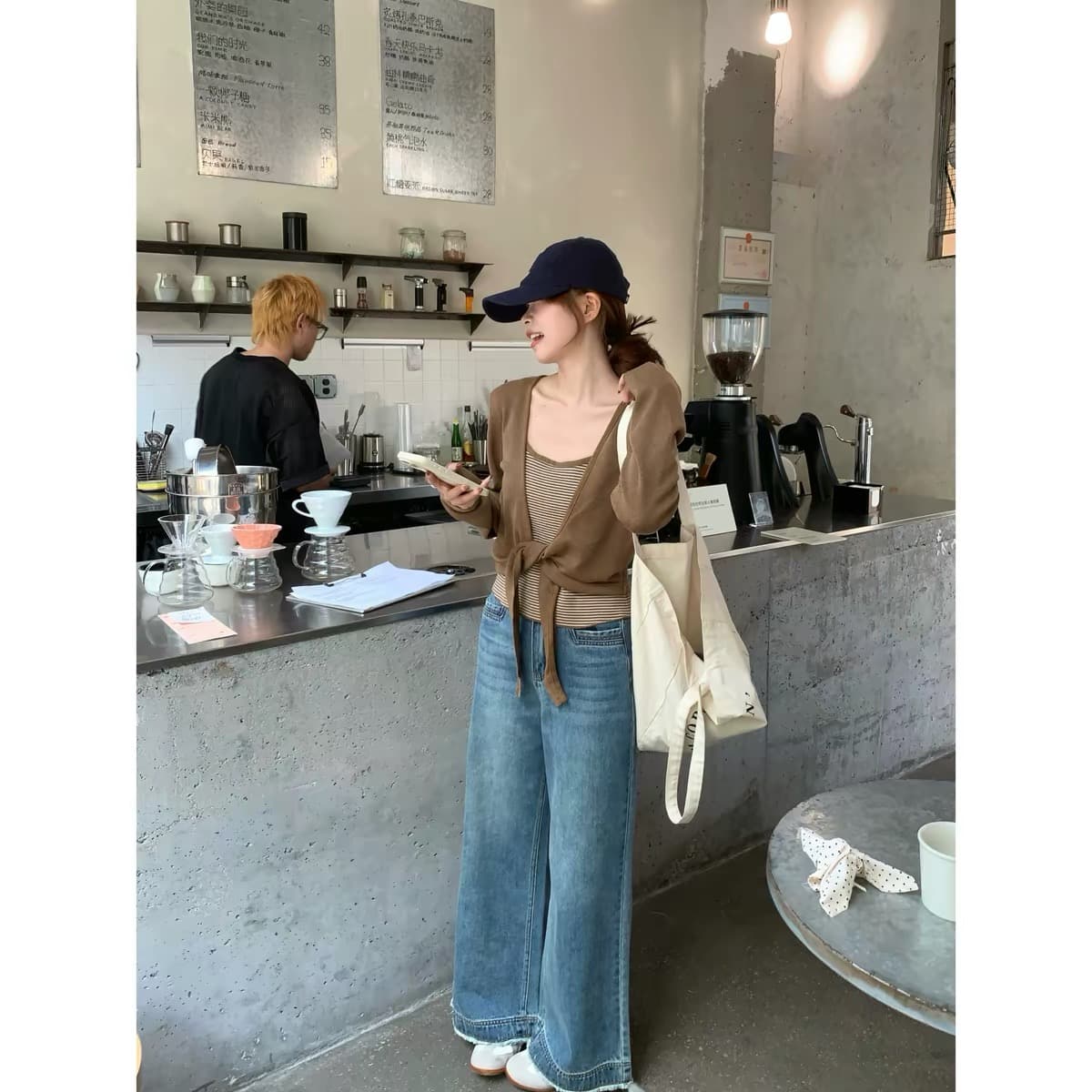 한국 스타일 이른 가을 새로운 개성 스트라이프 니트 슬립 품격 긴팔 V넥 스트랩 오픈 가디건 투피스 세트 w04 상세 이미지 3