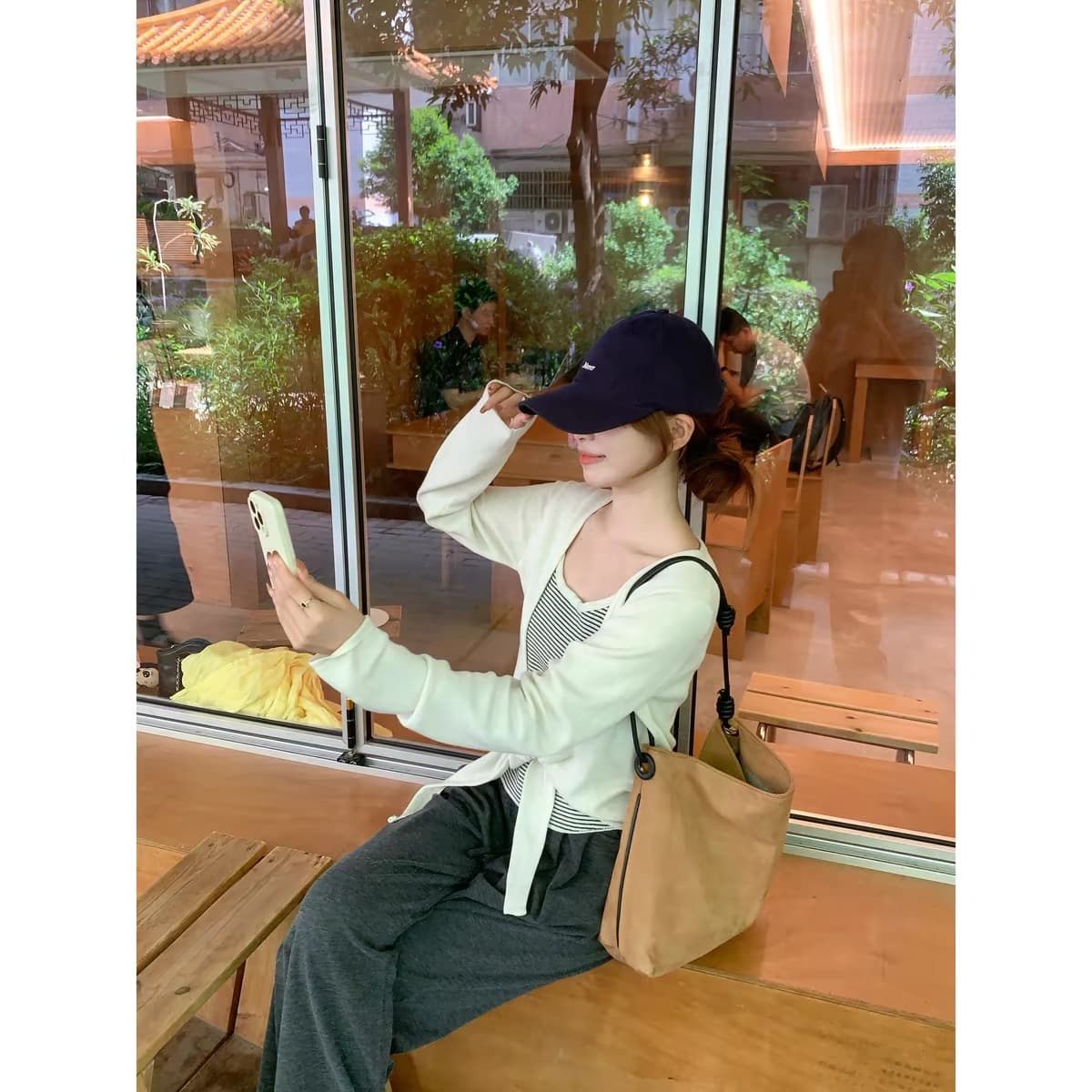 한국 스타일 이른 가을 새로운 개성 스트라이프 니트 슬립 품격 긴팔 V넥 스트랩 오픈 가디건 투피스 세트 w04 상세 이미지 6