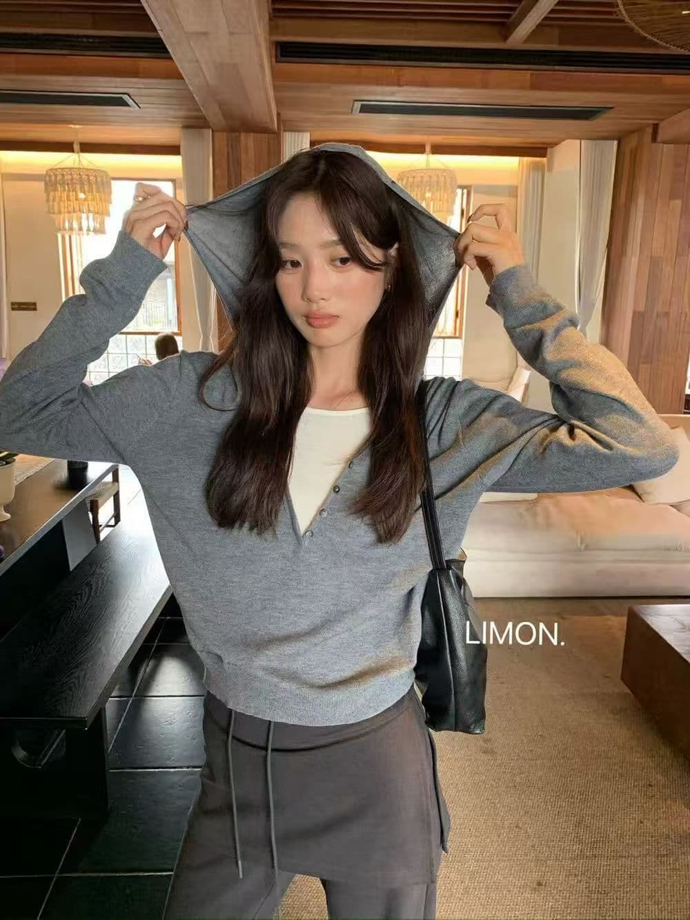 the limon2026 조기 가을 품격 미니멀리즘 느긋한 바람 패치워크 페이크 레이어드 후드 니트 스웨터 jm 상세 이미지 3
