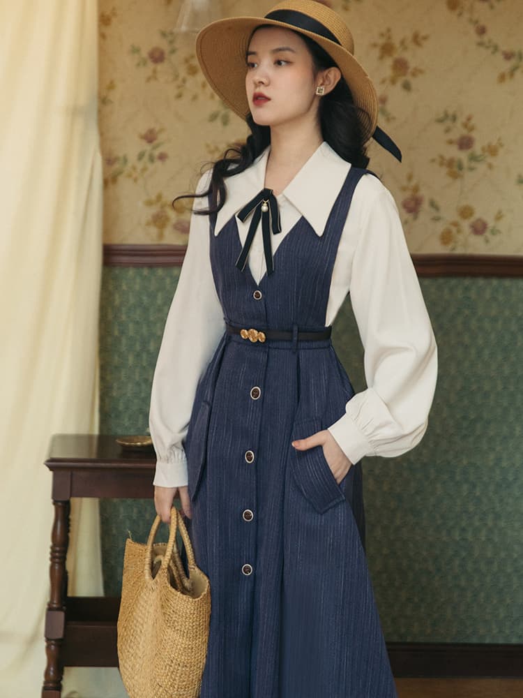 언어 그리스어 실사 프랑스식 긴팔 셔츠 코디 조끼 스커트 투피스 세트 세트 드레스 삼색 보내기 브로치 그리고 벨트 이미지 4
