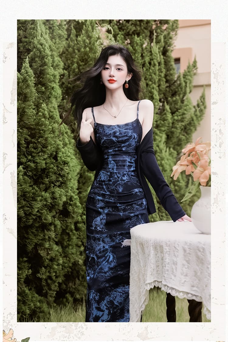 언어 그리스어 실사 고급 센스 잉크 염색 레트로 몸매 가꾸기 트임 드레스 코디 자외선 차단 오픈 가디건 투피스 세트 세트 상세 이미지 10