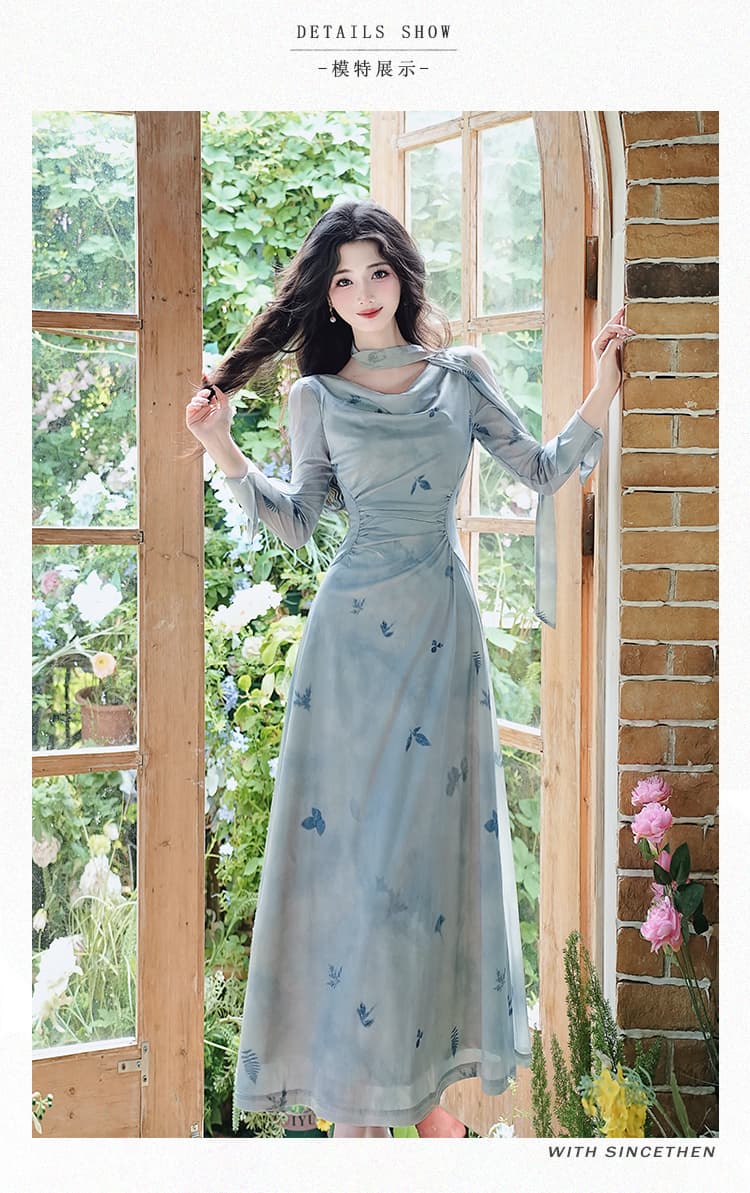 언어 그리스어 진짜 사진 찍기 새로운 신선함 품격 블루 라임 남쪽 법 레트로 슬림해 보이는 몸매 가꾸기 드레스 상세 이미지 8