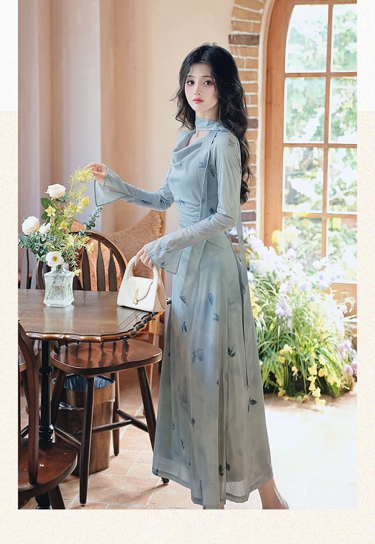 언어 그리스어 진짜 사진 찍기 새로운 신선함 품격 블루 라임 남쪽 법 레트로 슬림해 보이는 몸매 가꾸기 드레스 상세 이미지 18
