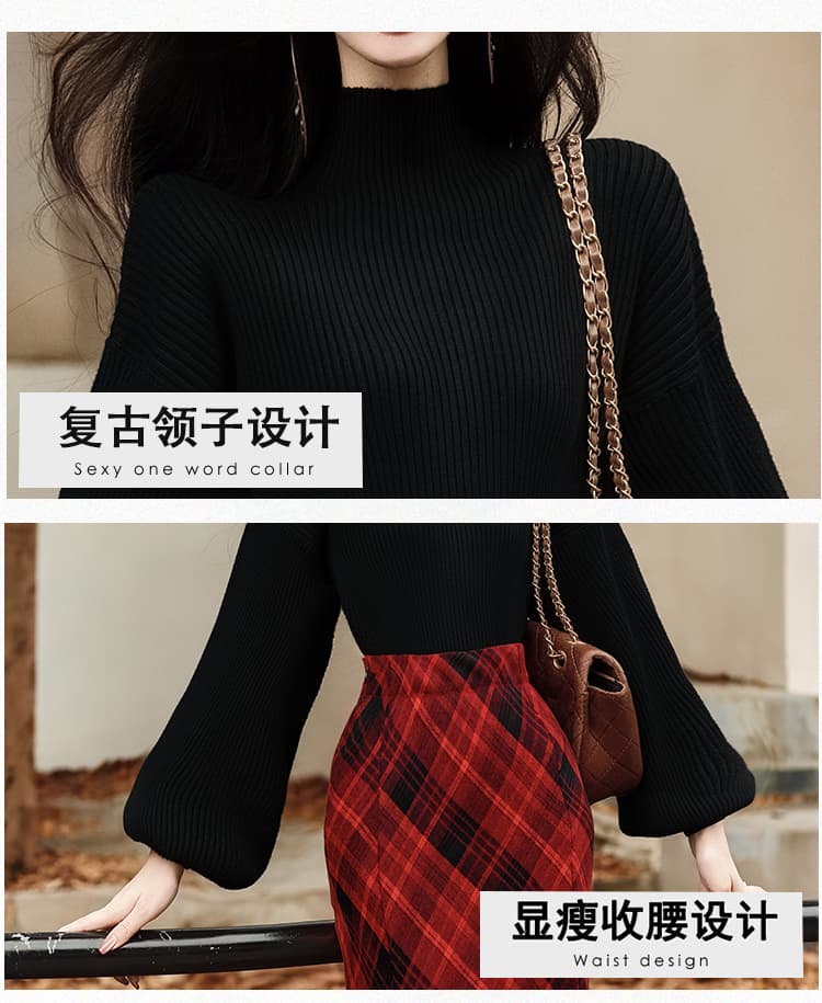 언어 그리스어 진짜 사진 찍기 새로운 프랑스식 검정색 스웨터 코디 빨간색 체크무늬 인어 꼬리 스커트 반신 스커트 투피스 세트 세트 상세 이미지 5