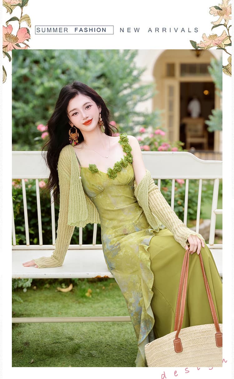 언어 그리스어 진짜 사진 찍기 새로운 녹색 슬립 드레스 코디 재킷 투피스 세트 세트 휴가 디자인 센스 치마 상세 이미지 12