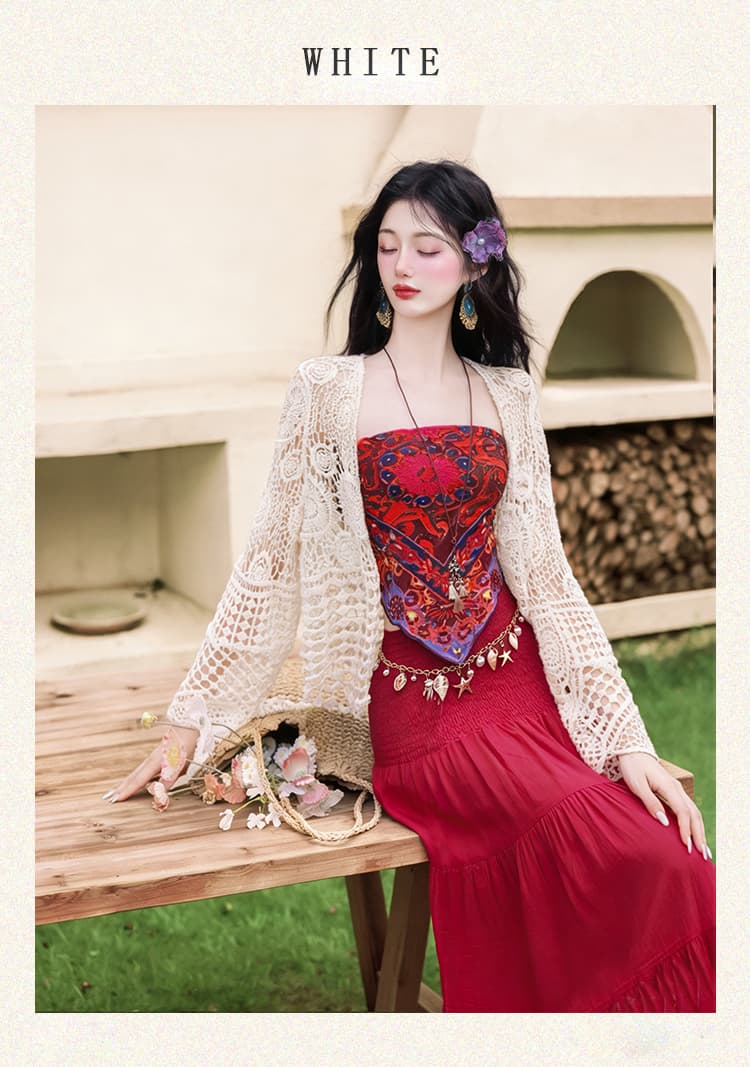 언어 그리스어 실사 빨간색 튜브탑 코디 반신 스커트 자외선 차단 재킷 휴가 롱 스커트 세트 상세 이미지 14