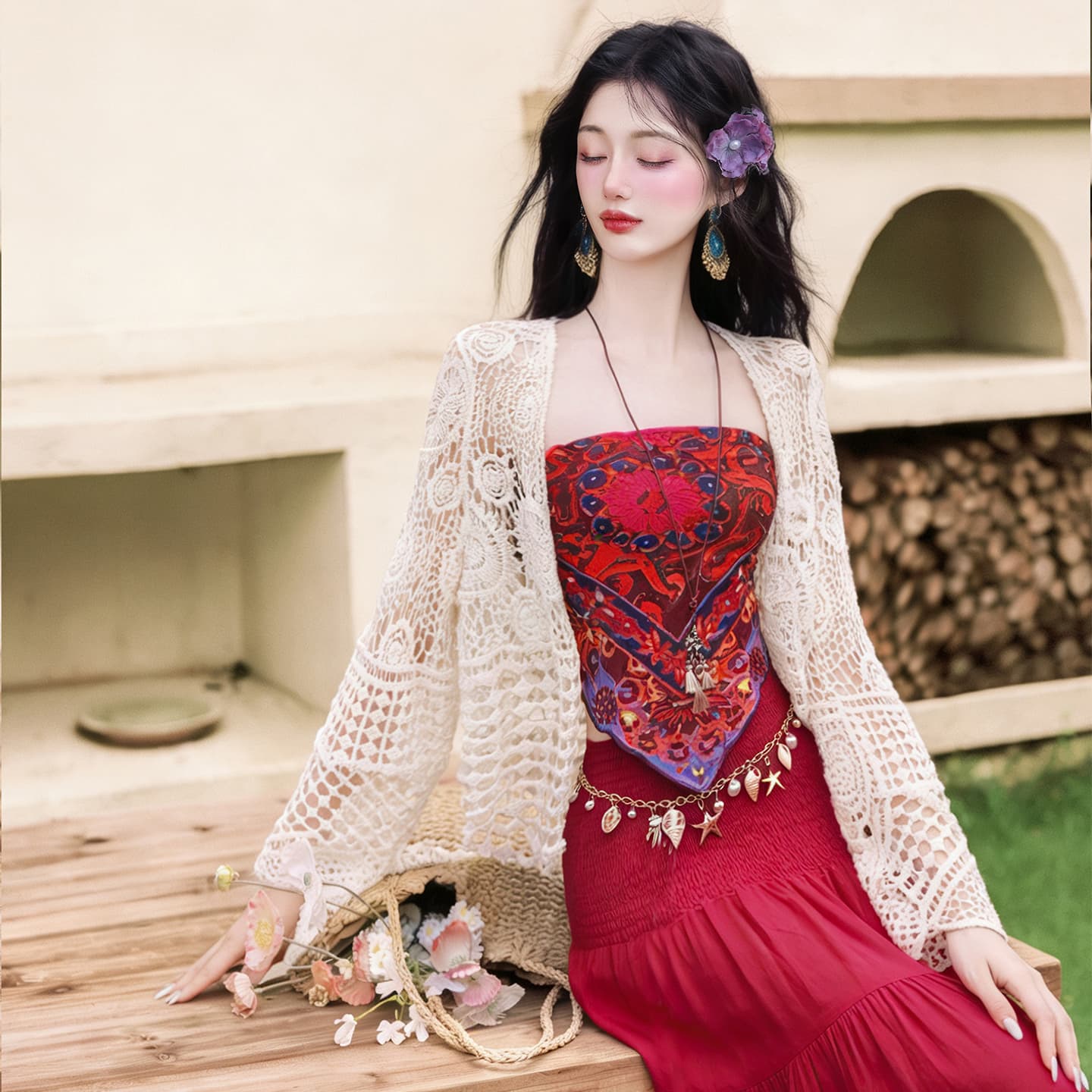 언어 그리스어 실사 빨간색 튜브탑 코디 반신 스커트 자외선 차단 재킷 휴가 롱 스커트 세트 이미지 5