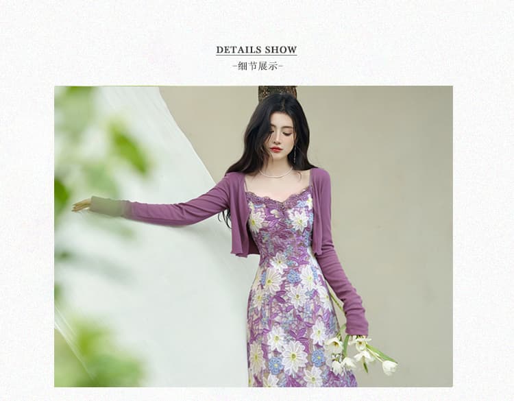 언어 그리스어 진짜 사진 찍기 새로운 보라색 자수 슬립 드레스 코디 자수 재킷 두 조각 세트 드레스 상세 이미지 5