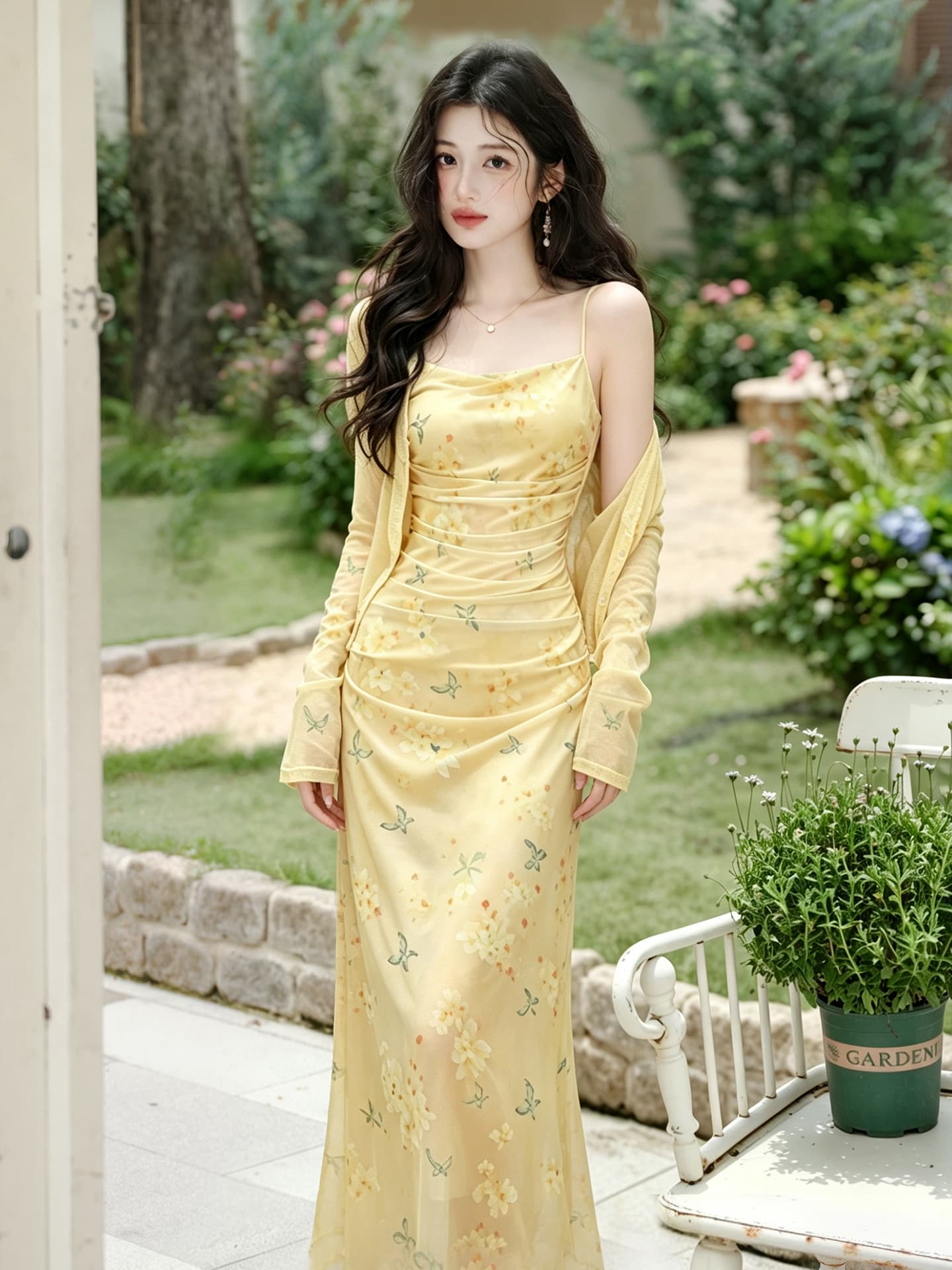 언어 그리스어 진짜 사진 찍기 새로운 작은 청신 황색 꽃무늬 슬립 드레스 코디 재킷 투피스 세트 세트 드레스 이미지 3
