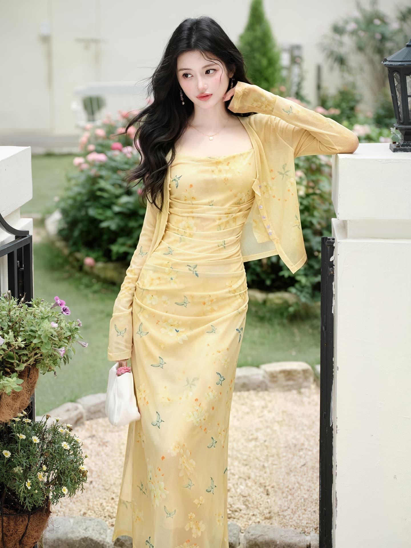언어 그리스어 진짜 사진 찍기 새로운 작은 청신 황색 꽃무늬 슬립 드레스 코디 재킷 투피스 세트 세트 드레스 이미지 2