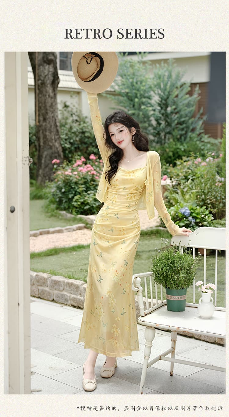언어 그리스어 진짜 사진 찍기 새로운 작은 청신 황색 꽃무늬 슬립 드레스 코디 재킷 투피스 세트 세트 드레스 상세 이미지 1