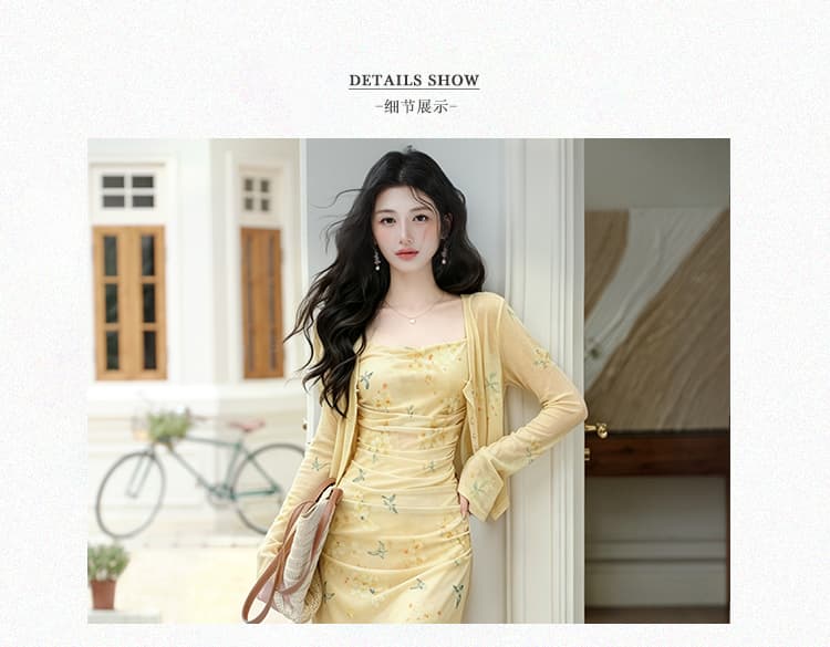 언어 그리스어 진짜 사진 찍기 새로운 작은 청신 황색 꽃무늬 슬립 드레스 코디 재킷 투피스 세트 세트 드레스 상세 이미지 3