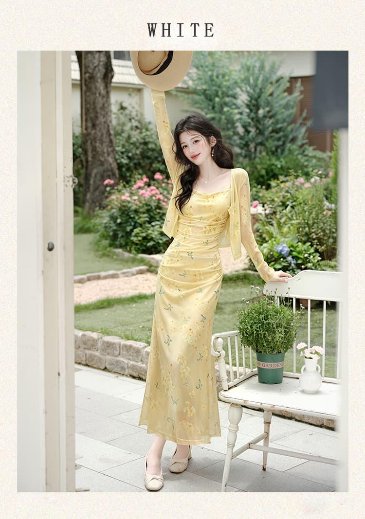 언어 그리스어 진짜 사진 찍기 새로운 작은 청신 황색 꽃무늬 슬립 드레스 코디 재킷 투피스 세트 세트 드레스 상세 이미지 13