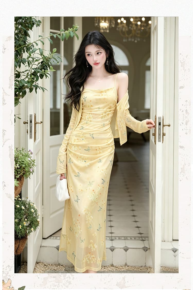 언어 그리스어 진짜 사진 찍기 새로운 작은 청신 황색 꽃무늬 슬립 드레스 코디 재킷 투피스 세트 세트 드레스 상세 이미지 17