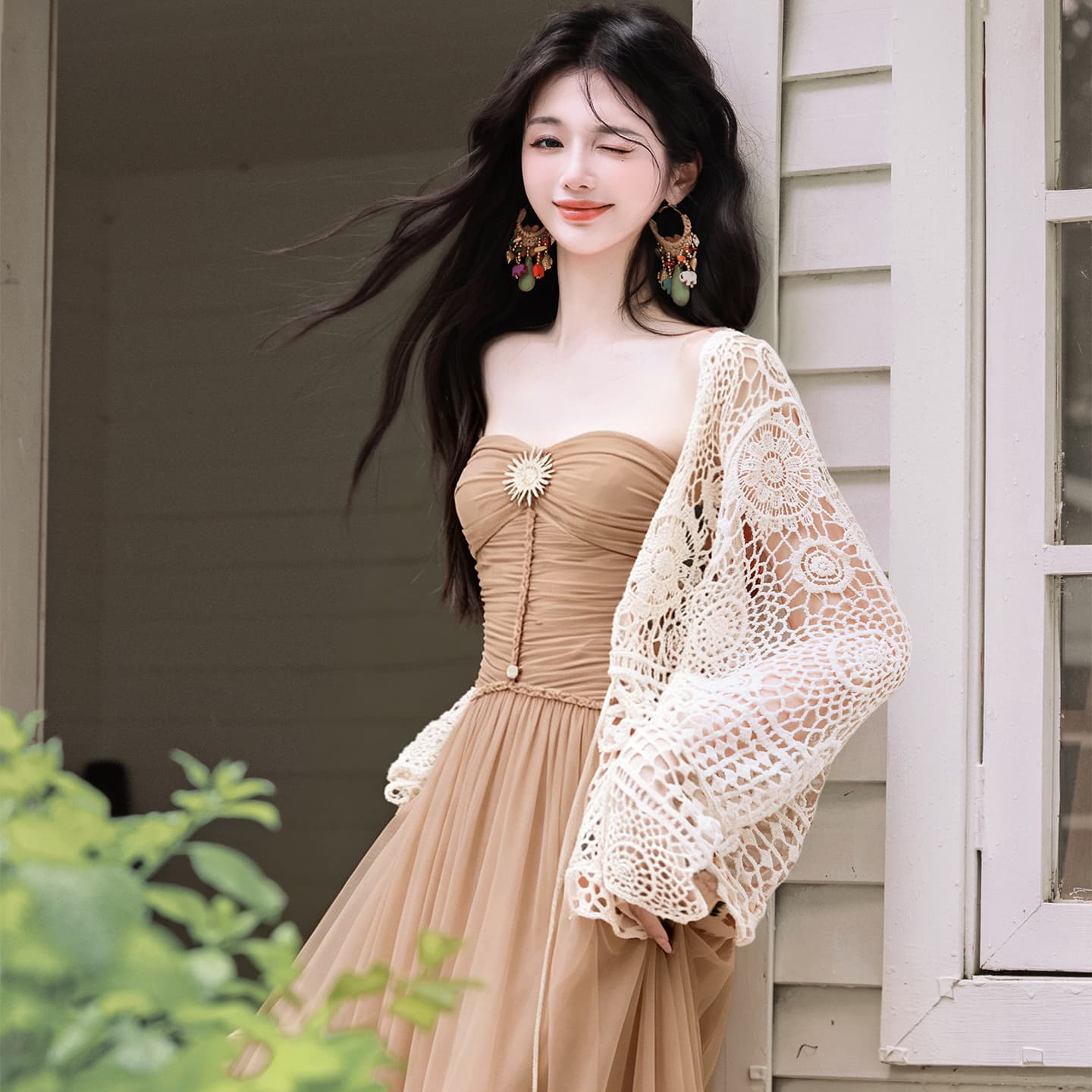 언어 그리스어 진짜 사진 찍기 새로운 휴가 바람 튜브탑 드레스 코디 재킷 투피스 세트 치마 이미지 5