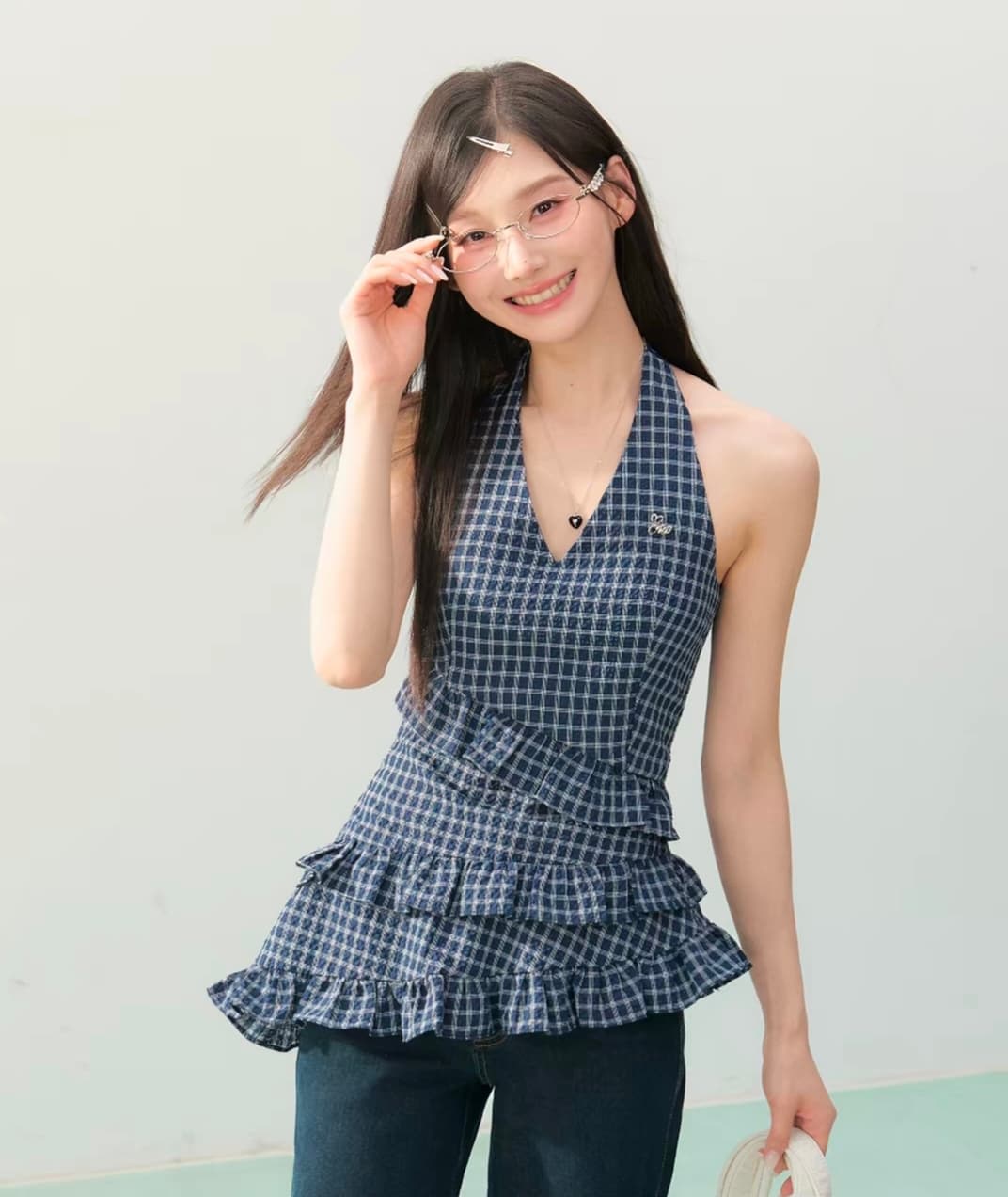 여름 행침 목 민소매 여성 드레스 2026 한 부서 핫걸 한 마디 체크무늬 백리스 슬립 치마 이미지 3